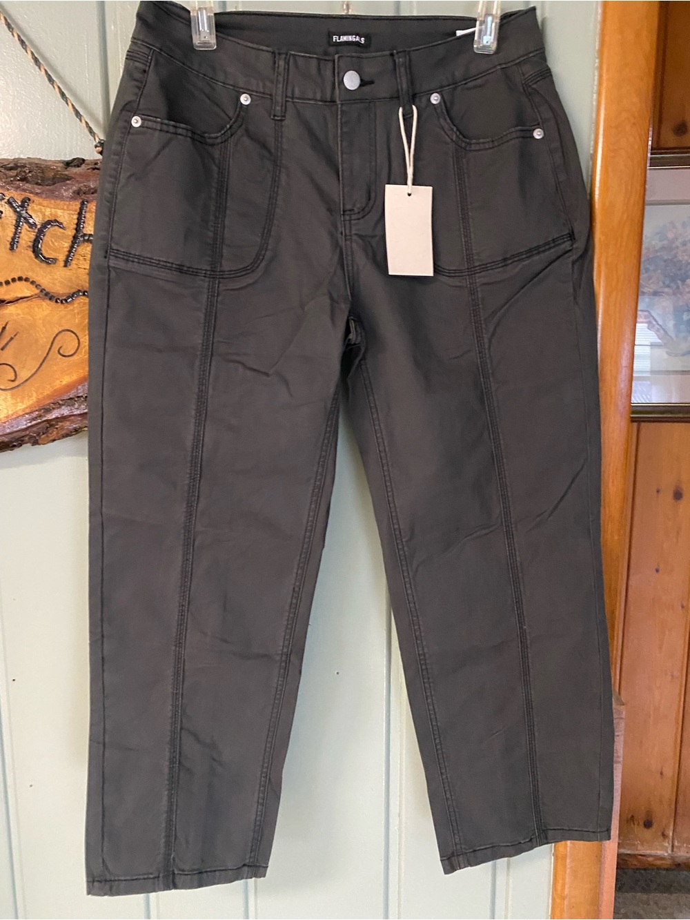 Flamingals Charcoal Cropped Ankle Pants with Front Panel Stitching